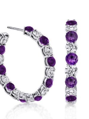 Alternating Amethyst and White Stone Hoop Earrings in 925 Sterling Silver
