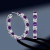 Alternating Amethyst and White Stone Hoop Earrings in 925 Sterling Silver
