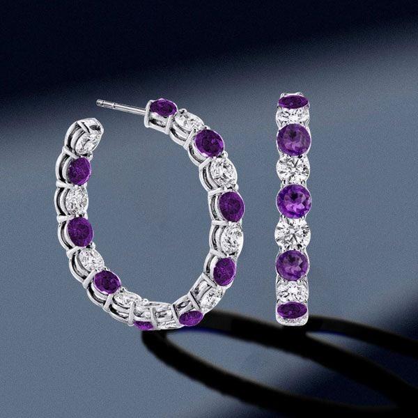 Alternating Amethyst and White Stone Hoop Earrings in 925 Sterling Silver