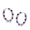 Alternating Amethyst and White Stone Hoop Earrings in 925 Sterling Silver