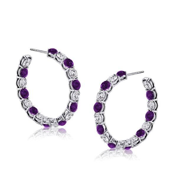 Alternating Amethyst and White Stone Hoop Earrings in 925 Sterling Silver