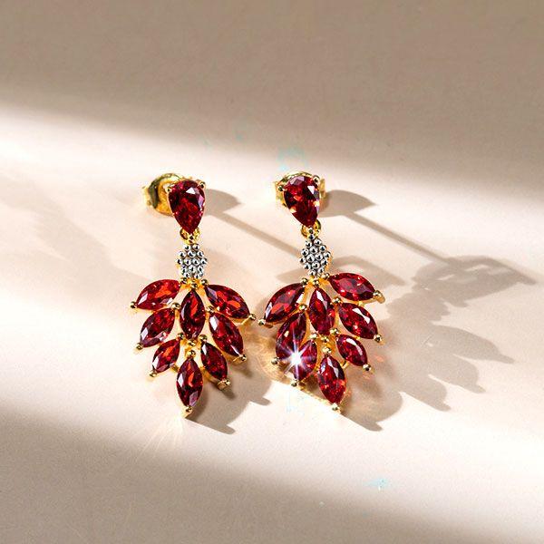 Two-Tone Sterling Silver Created Ruby Flower Fire Drop Earrings