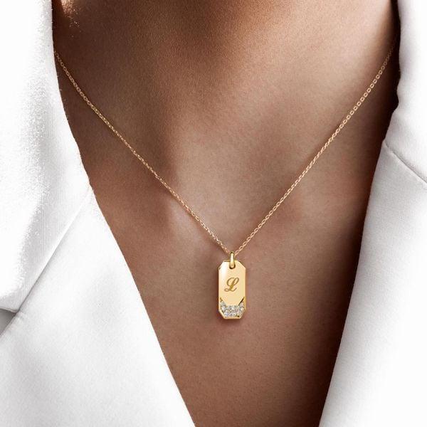 Personalized Initial ID Tag Pendant Necklace for Women, 18K Gold Plated Sterling Silver
