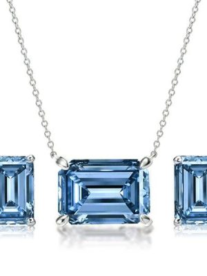 Emerald Cut Blue Topaz Bridal Necklace and Earring Jewelry Set in Sterling Silver
