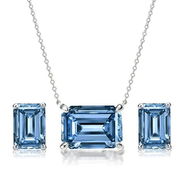 Emerald Cut Blue Topaz Bridal Necklace and Earring Jewelry Set in Sterling Silver