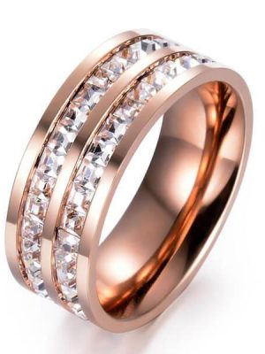 Rose Gold & White Sapphire Titanium Steel Men's Wedding Band - Two Row Design