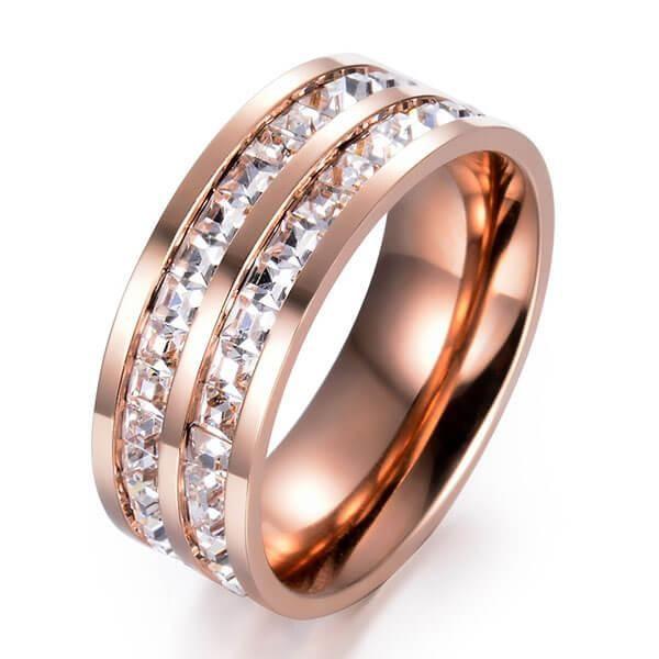Rose Gold & White Sapphire Titanium Steel Men's Wedding Band - Two Row Design