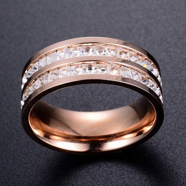 Rose Gold & White Sapphire Titanium Steel Men's Wedding Band - Two Row Design