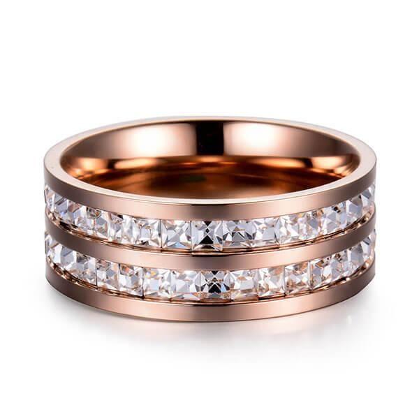 Rose Gold & White Sapphire Titanium Steel Men's Wedding Band - Two Row Design