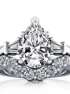 Three Stone Pear Created White Sapphire Bridal Jewelry Set in Sterling Silver