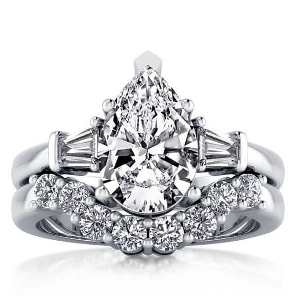 Three Stone Pear Created White Sapphire Bridal Jewelry Set in Sterling Silver