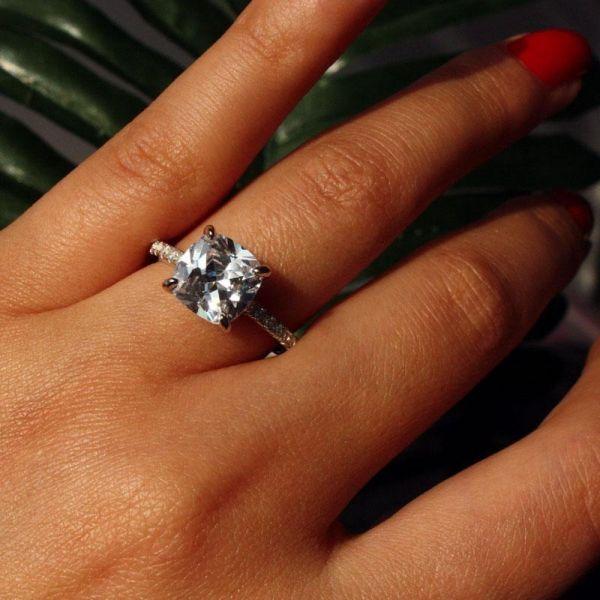 Cushion Cut White Sapphire Engagement Ring - Sterling Silver, Affordable & Classic