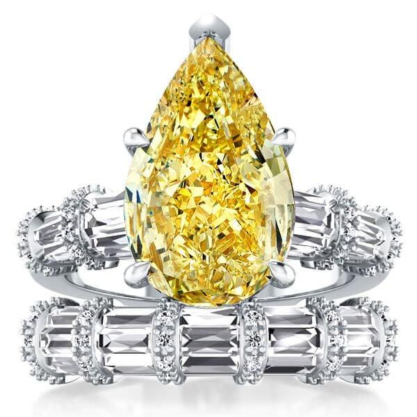 Ribbon Design Pear Shaped Yellow Topaz Bridal Set in Rhodium Plated Sterling Silver