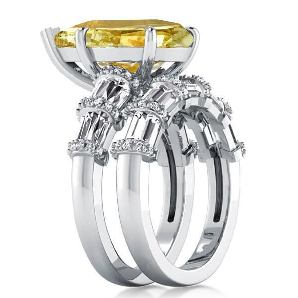 Ribbon Design Pear Shaped Yellow Topaz Bridal Set in Rhodium Plated Sterling Silver