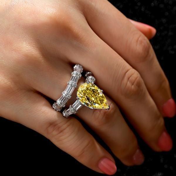Ribbon Design Pear Shaped Yellow Topaz Bridal Set in Rhodium Plated Sterling Silver