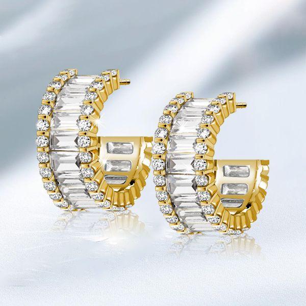 Triple Row Baguette Hoop Earrings - 925 Sterling Silver, Gold & Rose Gold Options