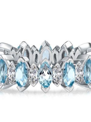 Marquise Aquamarine & White Sapphire Sterling Silver Wedding Band