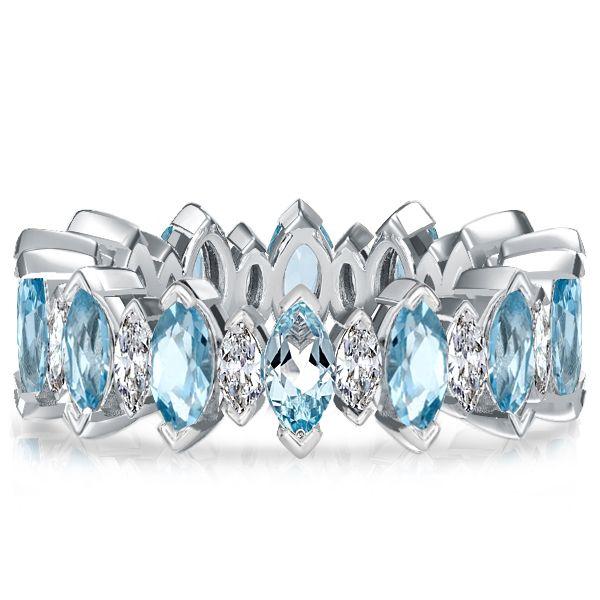 Marquise Aquamarine & White Sapphire Sterling Silver Wedding Band