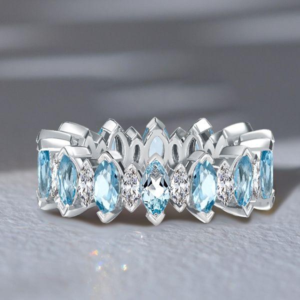 Marquise Aquamarine & White Sapphire Sterling Silver Wedding Band