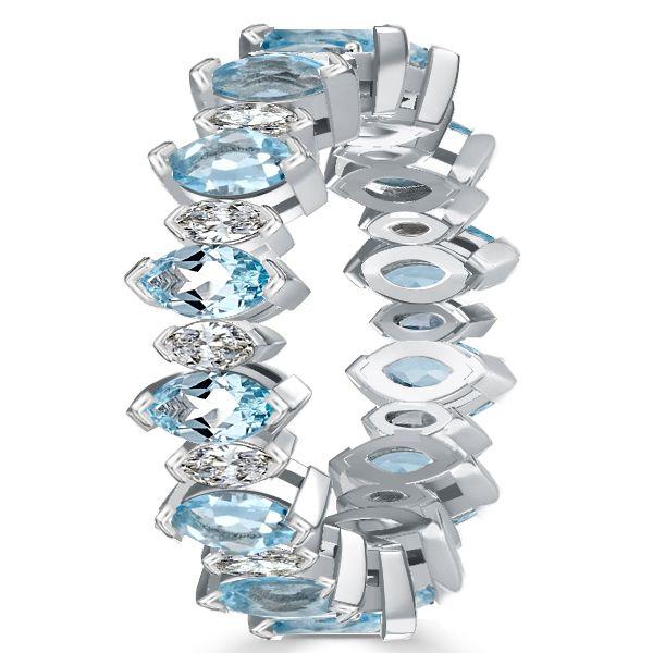Marquise Aquamarine & White Sapphire Sterling Silver Wedding Band