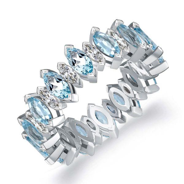Marquise Aquamarine & White Sapphire Sterling Silver Wedding Band