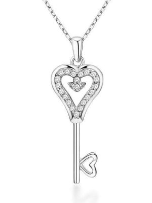Sterling Silver Key Pendant Necklace with White Sapphire Accent - 18 Inch