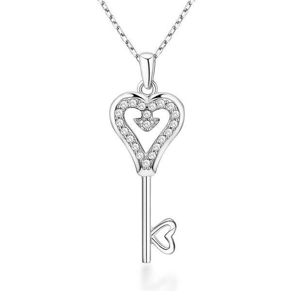 Sterling Silver Key Pendant Necklace with White Sapphire Accent - 18 Inch