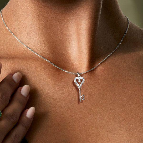 Sterling Silver Key Pendant Necklace with White Sapphire Accent - 18 Inch