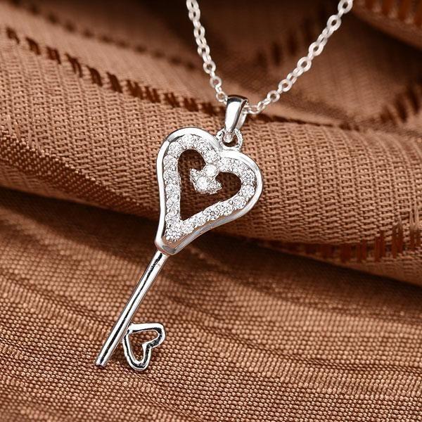 Sterling Silver Key Pendant Necklace with White Sapphire Accent - 18 Inch