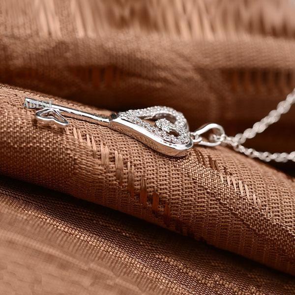 Sterling Silver Key Pendant Necklace with White Sapphire Accent - 18 Inch