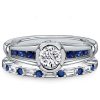 Sterling Silver Bezel Setting Engagement Ring Set with White & Blue Sapphire Stones