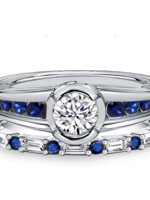 Sterling Silver Bezel Setting Engagement Ring Set with White & Blue Sapphire Stones