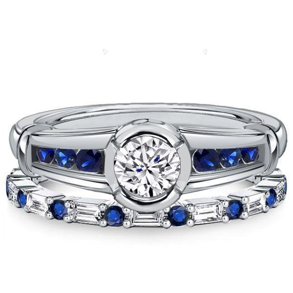 Sterling Silver Bezel Setting Engagement Ring Set with White & Blue Sapphire Stones