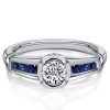 Sterling Silver Bezel Setting Engagement Ring Set with White & Blue Sapphire Stones
