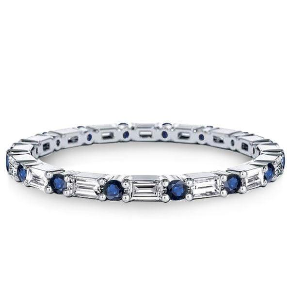 Sterling Silver Bezel Setting Engagement Ring Set with White & Blue Sapphire Stones