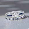 Sterling Silver Bezel Setting Engagement Ring Set with White & Blue Sapphire Stones