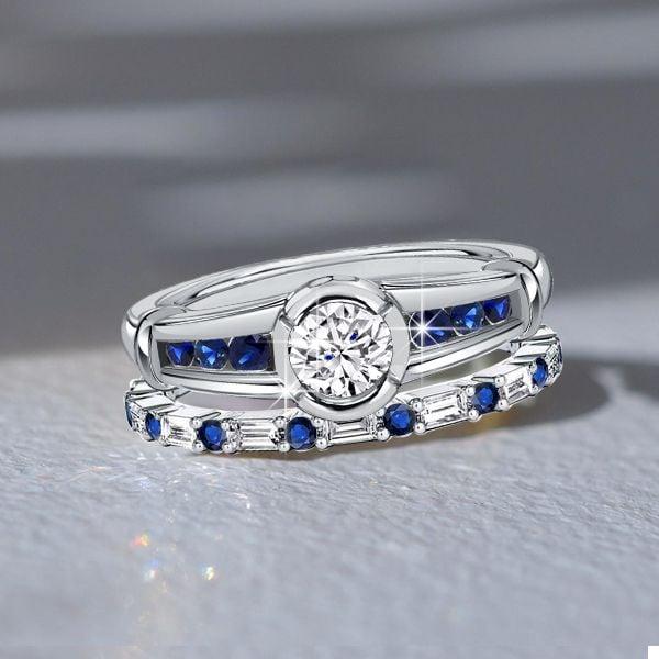 Sterling Silver Bezel Setting Engagement Ring Set with White & Blue Sapphire Stones