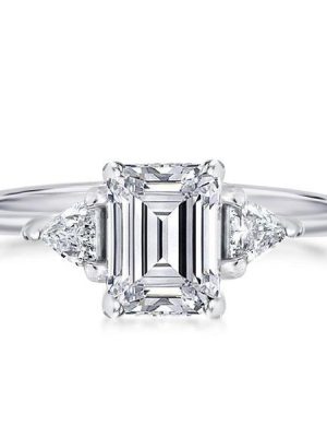Emerald Cut Three Stone Engagement Ring - 925 Sterling Silver