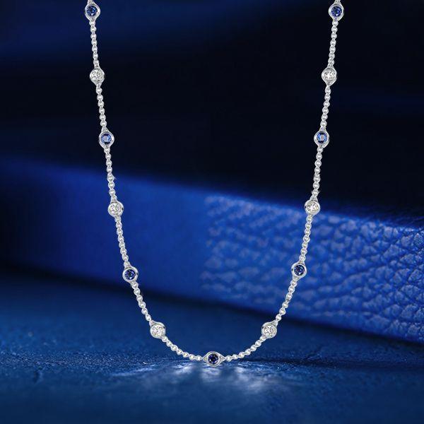 Blue & White Sapphire Bezel Set Sterling Silver Tennis Necklace - 16-22 Inches
