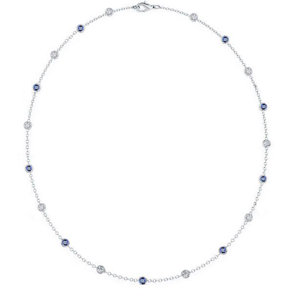 Blue & White Sapphire Bezel Set Sterling Silver Tennis Necklace - 16-22 Inches