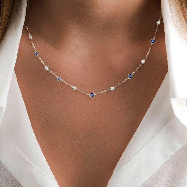 Blue & White Sapphire Bezel Set Sterling Silver Tennis Necklace - 16-22 Inches
