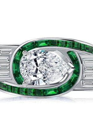 Art Deco Emerald Green Pear Cut Wedding Ring - 925 Sterling Silver