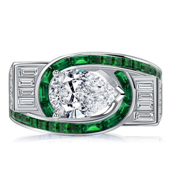 Art Deco Emerald Green Pear Cut Wedding Ring - 925 Sterling Silver