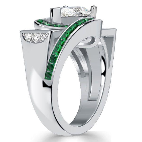 Art Deco Emerald Green Pear Cut Wedding Ring - 925 Sterling Silver
