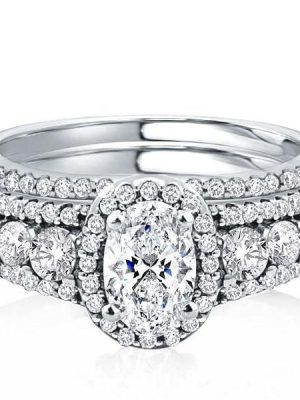 Halo Half Eternity Multi-Row Oval Cut Bridal Wedding Ring Set in Sterling Silver