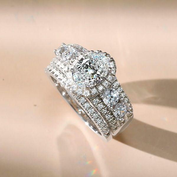 Halo Half Eternity Multi-Row Oval Cut Bridal Wedding Ring Set in Sterling Silver