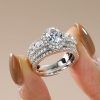Halo Half Eternity Multi-Row Oval Cut Bridal Wedding Ring Set in Sterling Silver