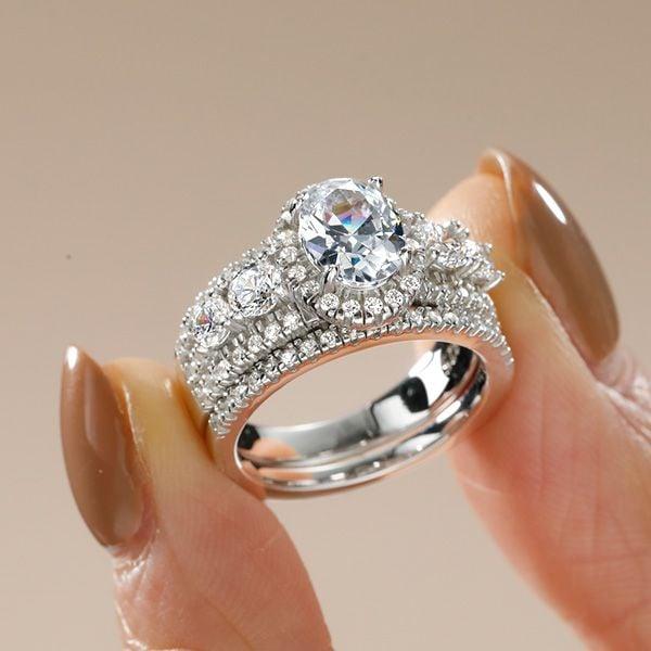 Halo Half Eternity Multi-Row Oval Cut Bridal Wedding Ring Set in Sterling Silver