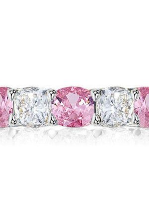 Cushion Cut Pink Stone Half Eternity Sterling Silver Wedding Band