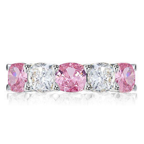 Cushion Cut Pink Stone Half Eternity Sterling Silver Wedding Band